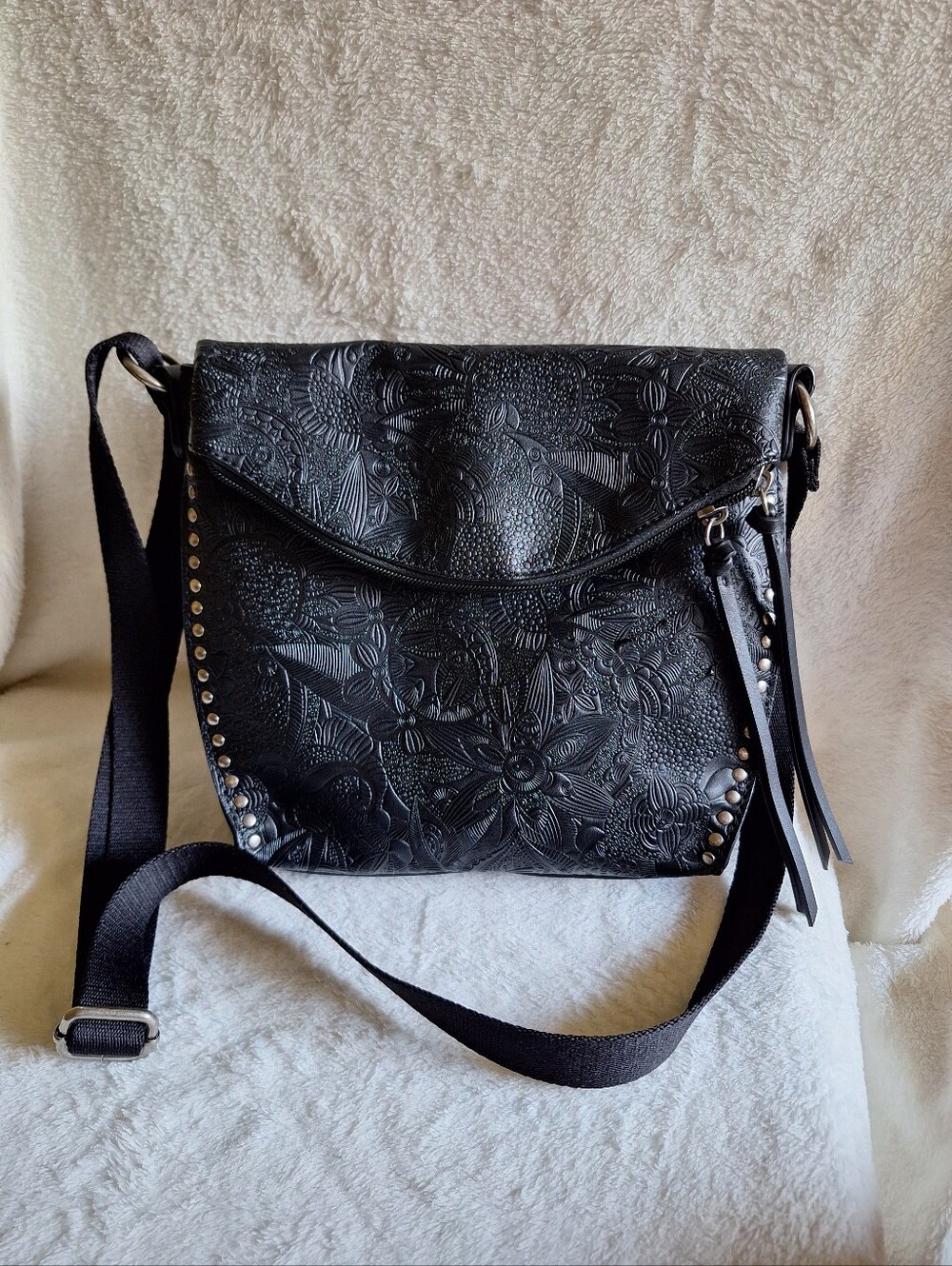 Sakroots Artist Circle Black Embossed Floral Foldover Crossbody Bag Studs